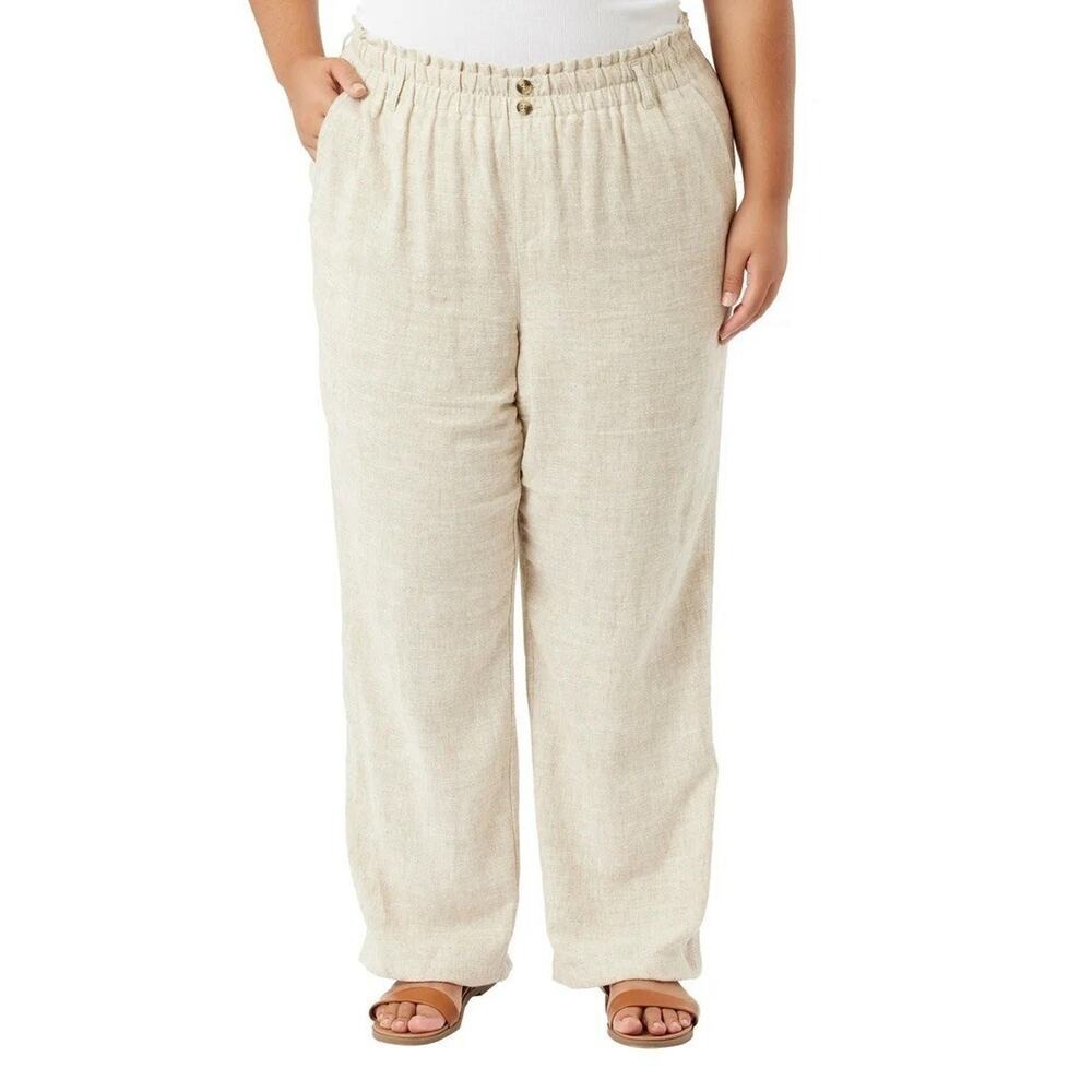 Briggs Women's L Large Wide Leg Pants Linen Blend Tan Elastic Waistband Pockets‎